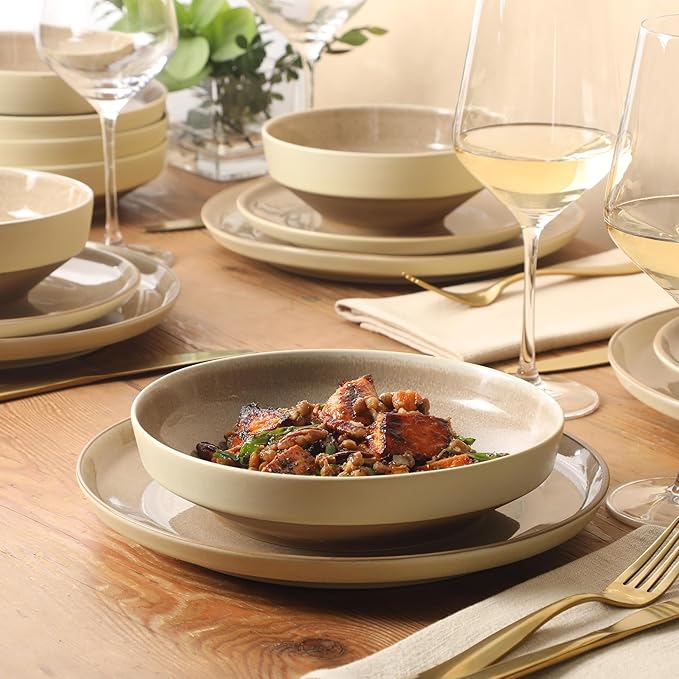 Gibson Elite Octavia Place 16 Piece Stoneware Dinnerware Set Service for 4 Coupe Modern Plates &amp Bowls Reactive Glaze Finish Taupe Microwave &amp Dishwasher Safe
