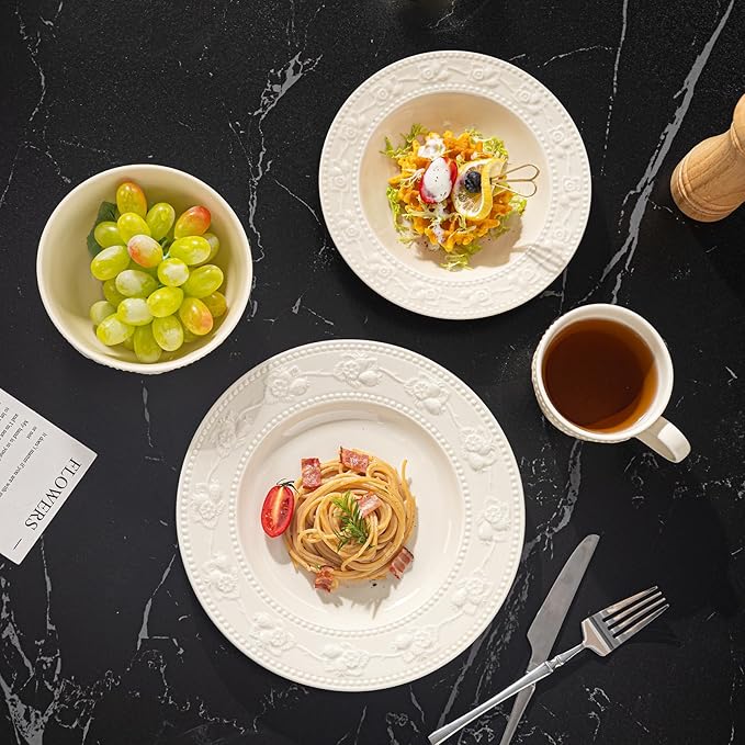 Embossed Strawberry Ceramic Dinnerware Set 16-Piece for 4 Ivory White Non-Slip Plates Bowls &amp Mugs Microwave &amp Dishwasher Safe Premium Kitchen Table Setting Statement Pieces