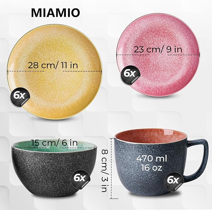 MIAMIO – Dinnerware Set 24-Piece Service for 6 Stoneware Dinner and Side Plates Mugs and Cereal/Pasta Bowls - Dishwasher &amp Microwave Oven Safe Dish Sets – Las Palmitas Collection