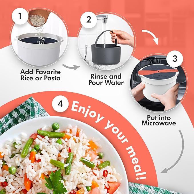 Microwave Rice Cooker Steamer and Pasta Cooker with Strainer - Mess-Free Design Dishwasher Safe Cooks Up to 8 Cups