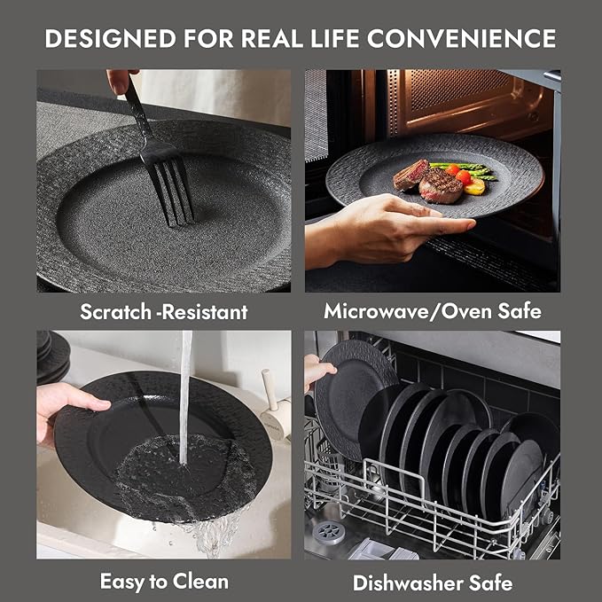 KINGSTONE Black Dinnerware Sets 24-Piece Matte Marble Pattern Premium Porcelain Place Setting with Dinner Plate Salad Plate Pasta Bowl Microwave and Dishwasher Safe