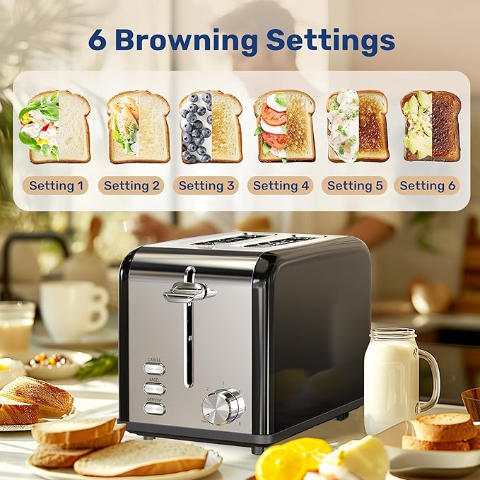 Simple Deluxe 2-Slice Stainless Steel Toaster Extra Wide Slot &amp Removable Crumb Tray 6 Browning Setting and 3 Function Toaster for Bread &amp Waffle Black