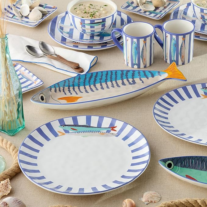 Something Fishy 16-Piece Ceramic DINNERWARE SETSERVICE for 4 Coastal Blue Striped Plates Mugs and Bowls with Artist-Designed Fish Artwork for Beach House Dining and Entertaining