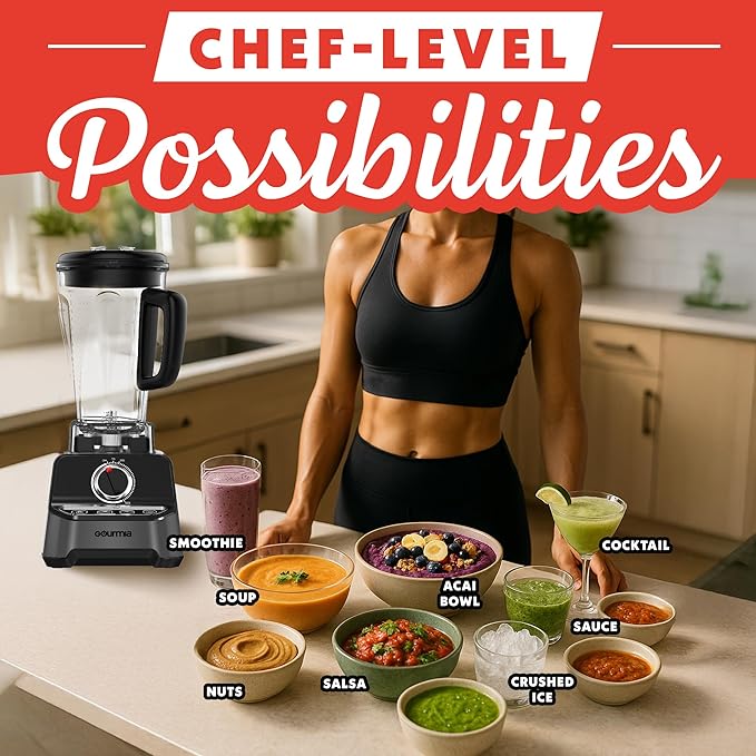Gourmia Countertop Commercial Blender – 2L BPA-Free Pitcher 4 Presets 1500W High-Speed Motor 45000 RPM Variable Speed Dial Built-In Tamper Dishwasher-Safe Parts Black