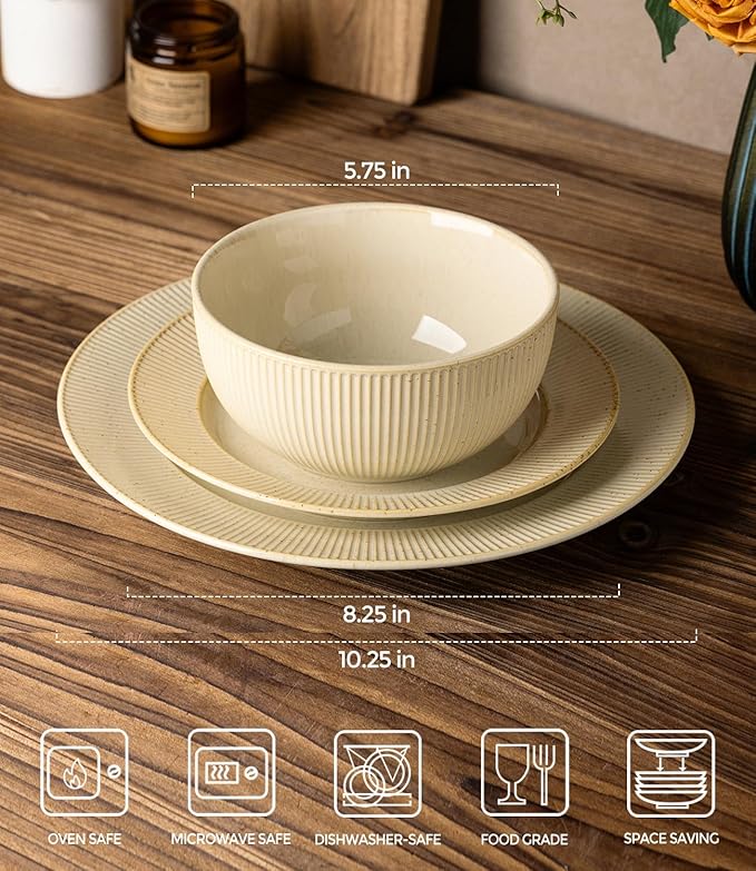 TheTerra Stoneware Dinnerware Sets for 4 12 Pieces Ceramic Plates and Bowls Sets Scratch Resistant Embossed Dish Set Oven Microwave &amp Dishwasher Safe Cappuccino