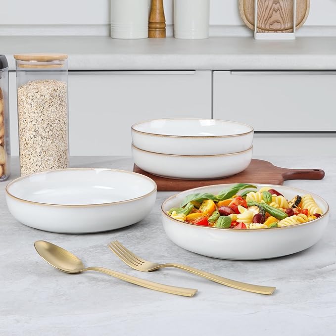 E-far Dinnerware Sets for 4 16-Piece Stoneware Plates and Bowls Set Reactive Glaze Dishes Dinning Ware Set Chip &amp Scratch Resistant Microwave &amp Dishwasher Safe - Seashell White
