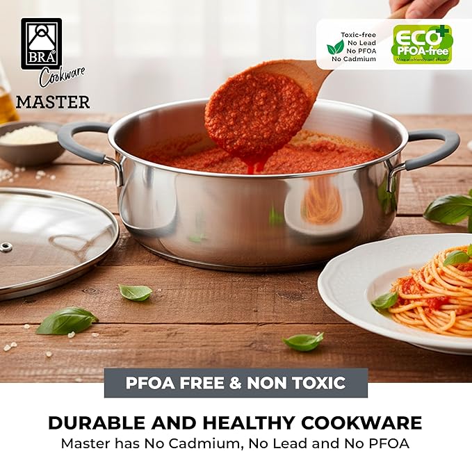 BRA COOKWARE Master 6 Piece Cookware Set | Stainless Steel Professional Kitchenware Set | 1 Stock Pot 1 Sauté Pan 2 Frying Pans 2 Lids | All Stovetop Compatible | PFAS Free | w/o Non-Stick