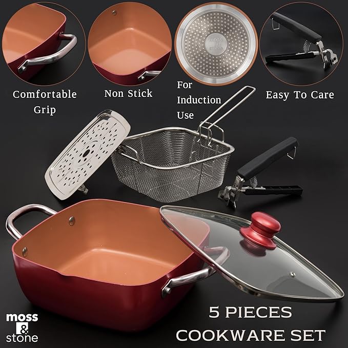 Moss &amp Stone 5 Pcs Red Copper Chef Cookware Non Stick Deep Frying Pan Fry Basket Steamer Rack Dishwasher &amp Oven Safe 5 Qt Deep Square Pan Induction Copper Cookware Set - 9.5 x 3.5