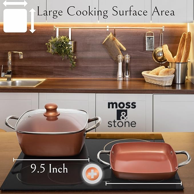 Moss &amp Stone 6 Pcs Copper Chef Cookware Non Stick Deep Frying Pan 9.5 x 3.5 Fry Basket Steamer Rack Dishwasher &amp Oven Safe 5 Qt Deep Square Pot &amp Non Stick Pan Induction Copper Cook