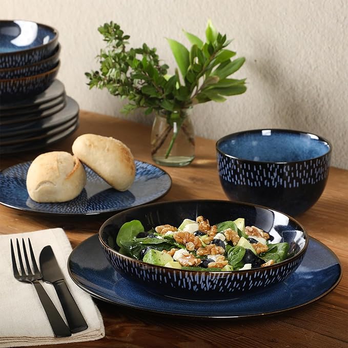 Gibson Elite Matisse 16-Piece Dinnerware Set – Double Bowl Reactive Glaze Cereamic Stoneware in Blue – Plates and Bowls Sets for 4 Microwave &amp Dishwasher Safe Rustic Modern Design