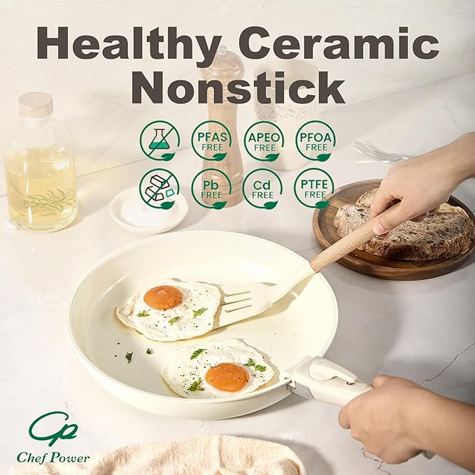 Chef Power Ceramic Nonstick Cookware Set 5 Piece with Detachable Handle Induction Dishwasher Oven Safe Pans and Pots Set RV Kicthen Set Removable Handle Cream White