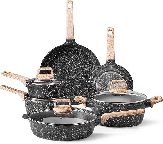VEVOR 17 Piece Pots and Pans Set Nonstick Granite Cookware Set Induction Cookwares Kitchen RV Cooking Sets with Frying Sauce Saute Tempered Glass Lids and Pan Protectors Black