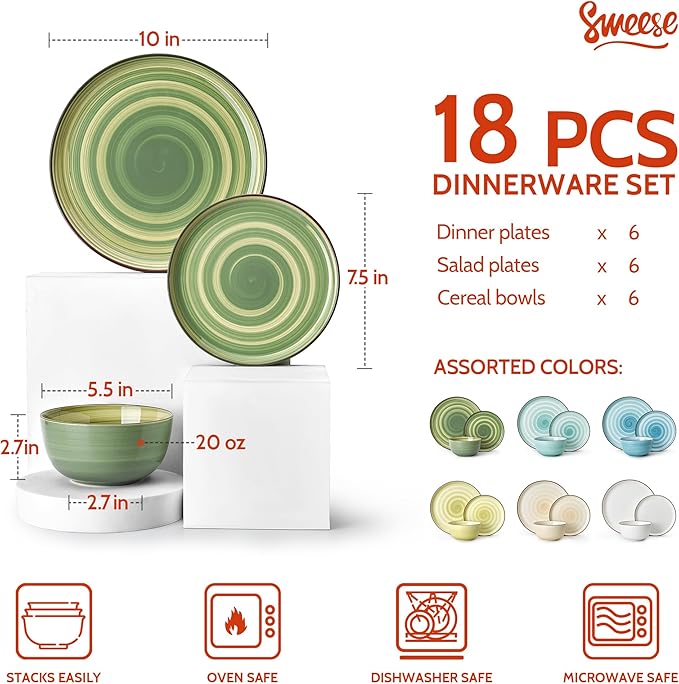 Sweese Plates and Bowls Sets 18 Piece Dinnerware Set Porcelain Round Dinner Set for 6 Scratch Resistant Dishes Set Dishwasher and Oven Microwave Safe Handpainted Swirl Dishware Sets Assorted Green