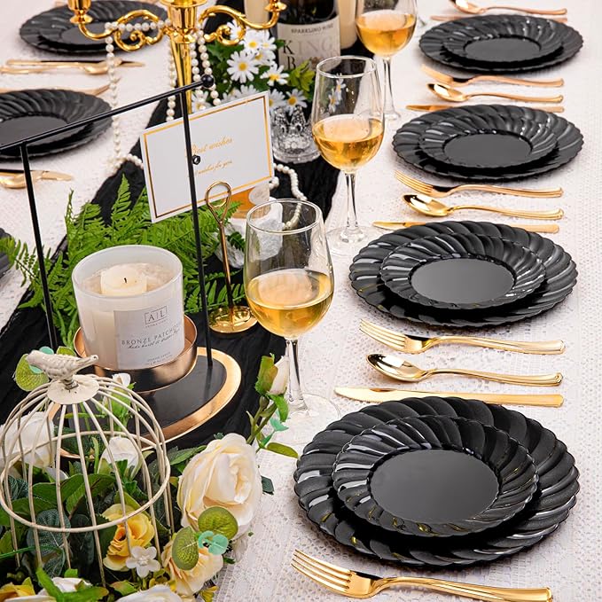 U-QE 100PCS Black Plastic Plates Heavy Duty Black Disposable Plates Including 50PCS 9inch Dinner Plates &amp 50PCS 6.5inch Dessert Plates -Hard Plastic Plates for Party Wedding Bridal Shower