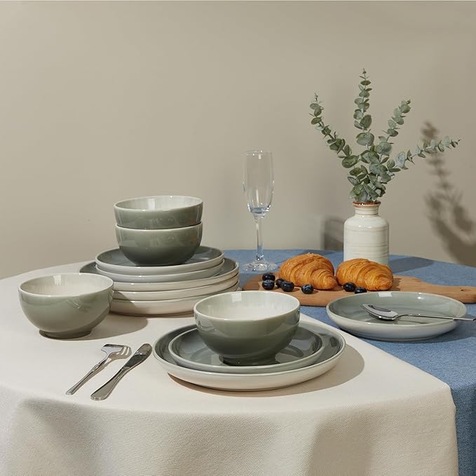 Plates and Bowls Sets for 8 24 Piece Dinnerware Set for Large Families &amp Entertaining Elegant Design Dishwasher &amp Microwave Safe Chip Resistant and Durable Gray Green