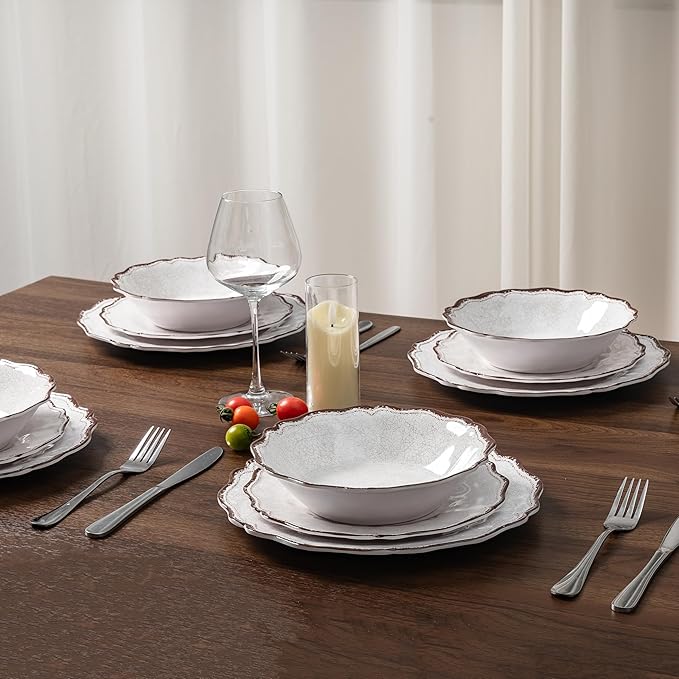 LEHAHA Farmhouse White Melamine Dinnerware Sets 12 Piece Plates and Bowls Set Perfect Weight and Unbreakable Camping Dishes Dinnerware Sets Service for 4 Indoor and Outdoor Use Dishwasher Safe