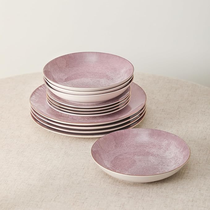Christian Siriano Onyx 24-Piece Dinnerware Set Porcelain Plates and Bowls Set Hand Wash Dish Dish Set for 8 Pink and Gold