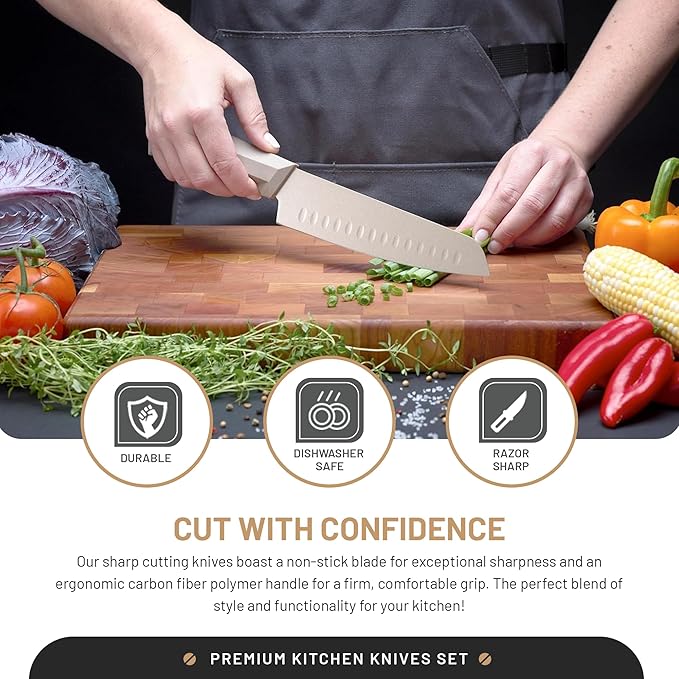 DFACKTO 15 Piece Desert Gold Knife Set with Block Sharpener and Kitchen Shears Sharp Full-Tang High-Carbon Stainless Steel Blades Non-Slip Composite Handle Kitchen Essentials Chef Knives