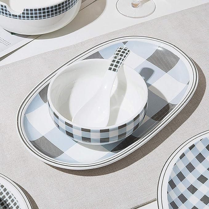 Ceramics Dinner Sets 29 Pieces Plaid Low Bone China Dinnerware Set | Porcelain Cereal Bowl and Steak Plate for Housewarming Gift and Restaurant