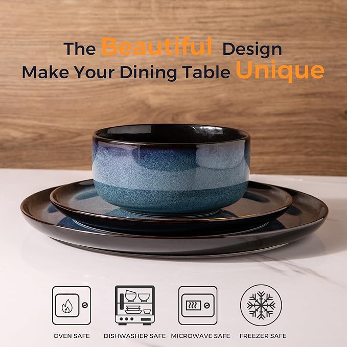 Ceramic Dinnerware Sets of 6Poreclain Plates and Bowls SetsHandmade Reactive Glaze Dishes SetChip Resistant and Scratch Resistant | Oven&ampDishwasher &amp Microwave Safe-BLUE (30PCS)