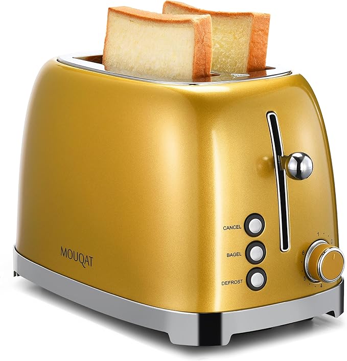 Gold 2 Slice Toaster Wide Slot Stainless Steel 6 Shade Settings Bagel Defrost &amp Cancel Functions Removable Crumb Tray Different Toast Sizes Cord Wrap 825w