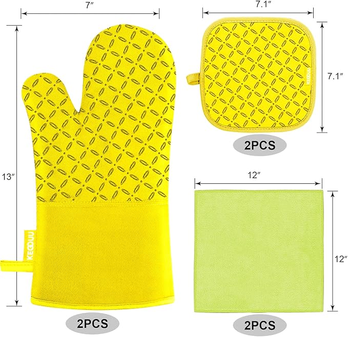 KEGOUU Oven Mitts and Pot Holders 6pcs Set Kitchen Oven Glove High Heat Resistant 500 Degree Extra Long Oven Mitts and Potholder with Non-Slip Silicone Surface for Cooking (Yellow)