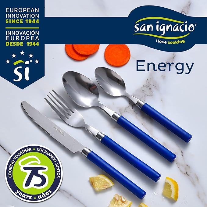 Pack of 3 Pans Diameter 20/24 and 28 cm + 24 Pieces Stainless Steel Cutlery Set with Blue Handles