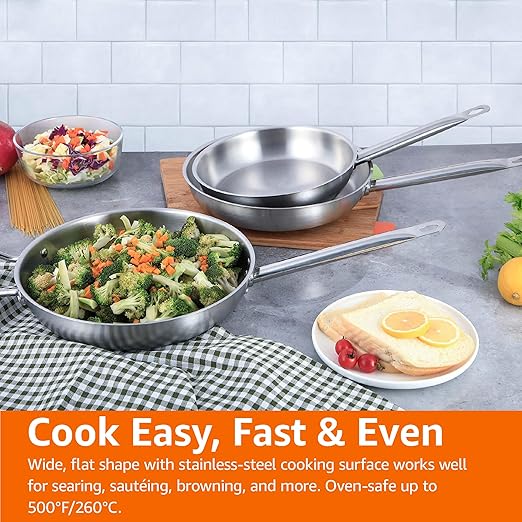 Amazon Basics 3-Piece Stainless Steel Aluminum-Clad Fry Pan Set Dishwasher Safe Induction Compatible Oven Safe to 500°F 8 9 1/2 and 12
