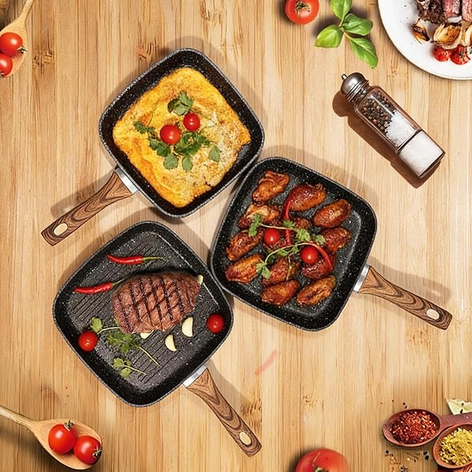 DUMOS 3 Pcs Grill Pans Set Nonstick Square Frying Pan Skillet Set with Stay Cool Handle &amp PFOA Free Compatible with All Stovetops (9.5 10 11) Light Black