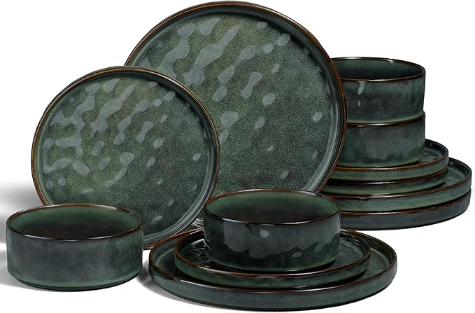 Vesteel Dinnerware Sets 12-Piece Stoneware Plates and Bowls Set Dishes Set for 4 Elegant Ceramic Dinnerware for Home Restaurant - Sage Green