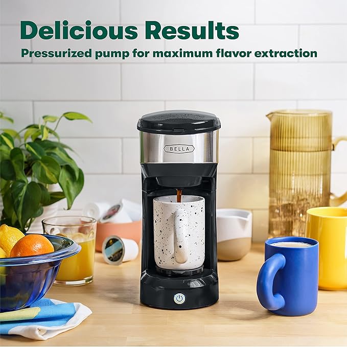 BELLA Dual Brew Single Serve Coffee Maker Brews both Kcup and Ground Coffee Large 14oz Capacity Easy One Touch Auto Shutoff Black