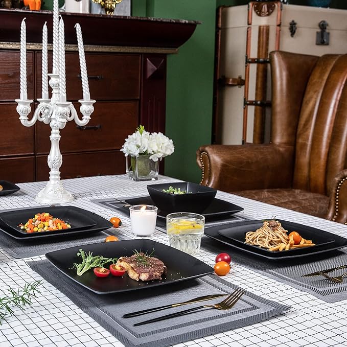 Melamine 12pcs Classic Square Dinnerware Set Concise Plates and Bowls Set Service for 4 Dishwasher Safe Black