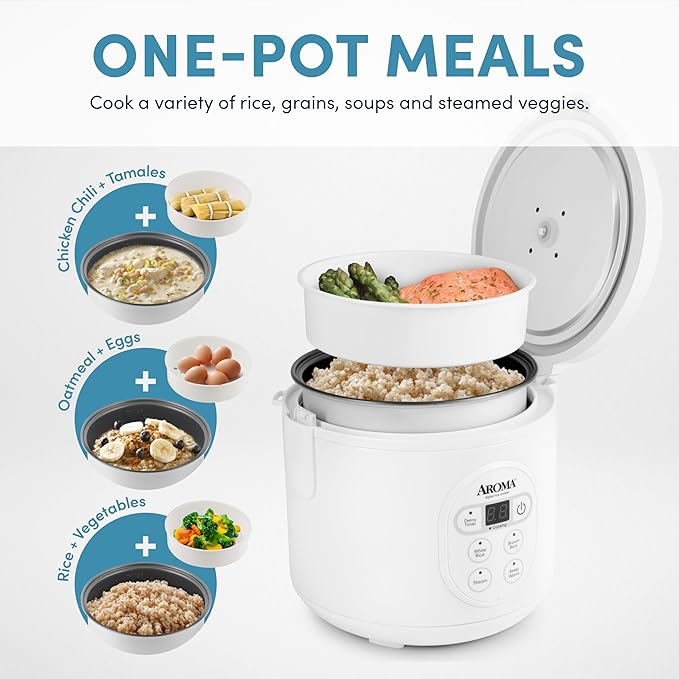 Aroma Housewares 8-Cup (Cooked) (4-Cup UNCOOKED) Digital Rice Cooker and Food Steamer (ARC-914D)White