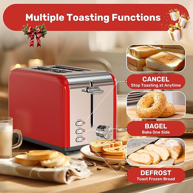 YSSOA Stainless Steel Toaster 2 Slice with Extra Wide Slot &amp Removable Crumb Tray 6 Shade Settings and Bagel/Defrost/Cancel Functions Compact Oven for Various Bread &amp Waffle Red New