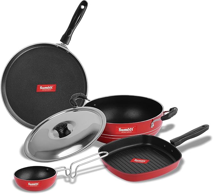 Sumeet 2.6mm Thick Non-Stick Piros Cookware set (Dosa Tawa – 26.5cm Dia + Kadhai With Lid – 1.5Ltr capacity- 20cm Dia + Grill Pan – 1.1Ltr Capacity – 22cm Dia + Tadka Pan – 10cm Dia)