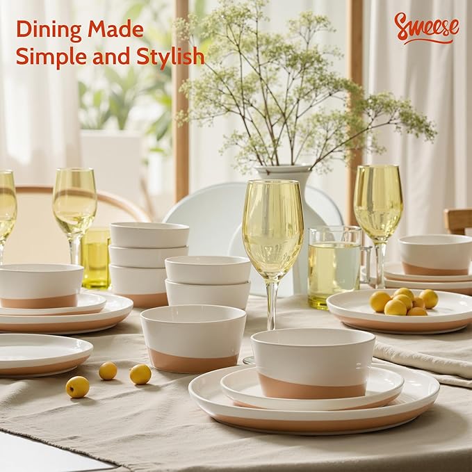 Sweese 18 Pieces Porcelain Dinnerware Set Modern Dish Set for 6 Hand Painted Kitchen Plates and Bowls Sets Scratch Resistant Dishware Sets Dishwasher &amp Microwave &amp Oven Safe Dinner Set Br