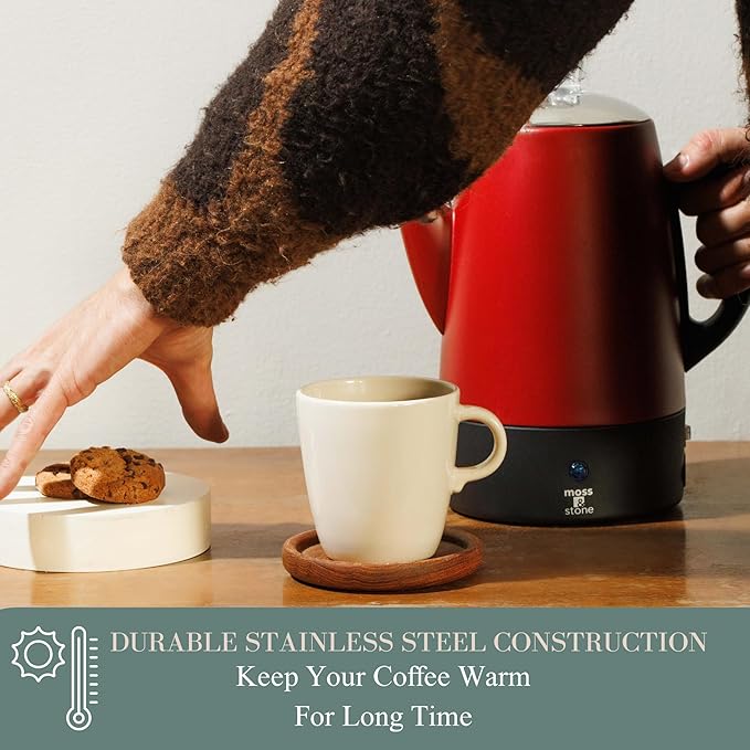 Moss &amp Stone Electric Coffee Percolator – Red Body Coffee Maker with Stainless Steel Lid Percolator Electric Pot Fast Boil 10 Cup Red Camping Coffee Pot