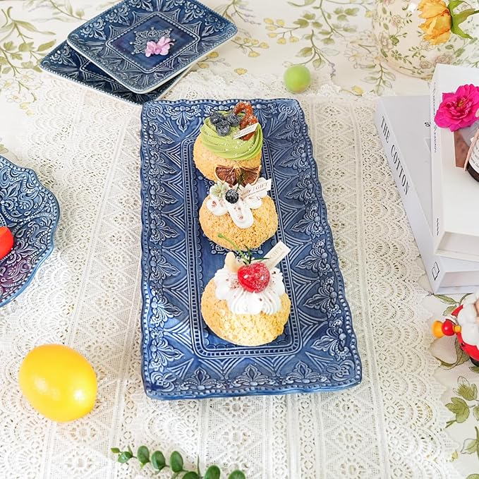 Sungmor Embossed Stoneware Fine Dining Dinnerware Antique Baroque Style 14 Long Rectangular Porcelain Serving Platter Set of 2 Sophisticated Ceramic Dish for Party Cookies Fruit Cheeses &amp Des