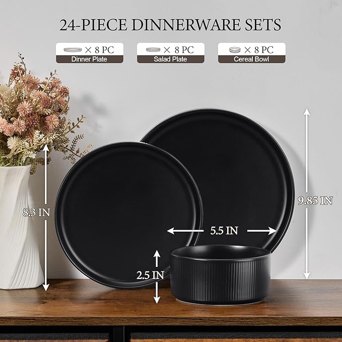 E-far 24-Piece Stoneware Dinnerware Sets Plates and Bowls Sets for 8 Kitchen Dinning Porcelain Ribbed Dishes Set Chip &amp Scratch Resistant Dishwasher &amp Microwave Safe Matte Black