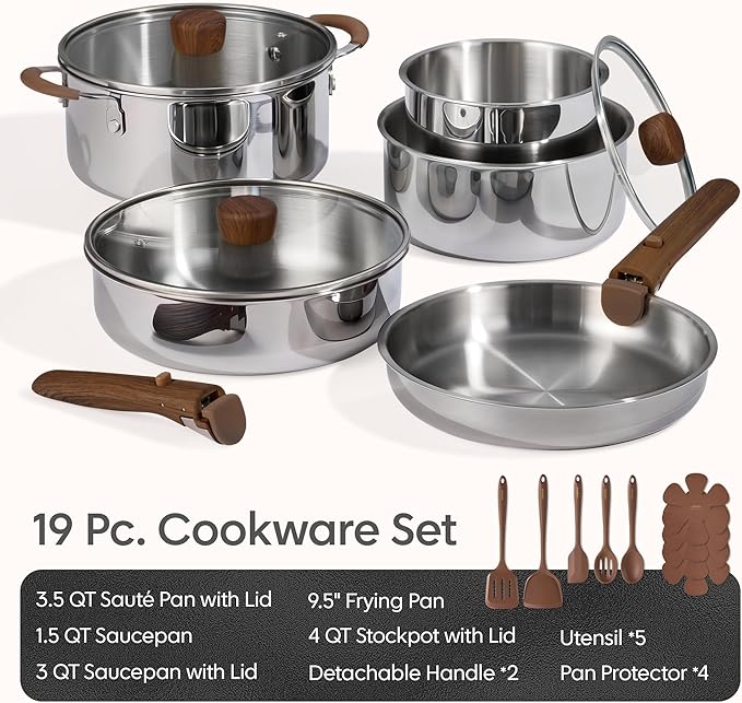 CAROTE 19pcs Stainless Steel Cookware Set with Detachable Handle Pots and Pans Set Induction Kitchen Cooking Sets RV/Camping Cookware Removable Handle Oven Safe Woodgrain