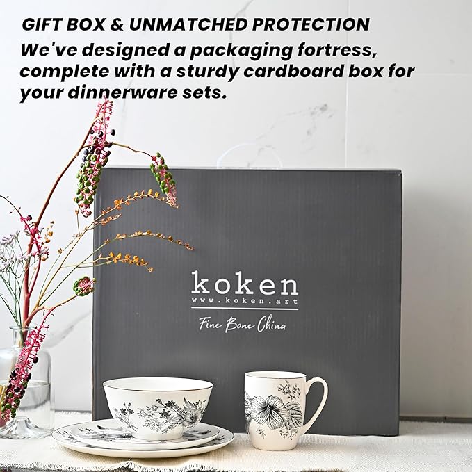 Botanic Plates and Bowls Sets Dishes Set for 4 Ceramic Plates and Bowls Set Service for 4 Bone China Dinnerware Set Salad Dessert Plates and Cereal Bowls Set Microwave safe by KOKEN