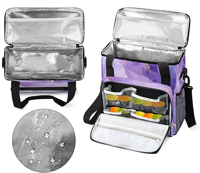 Purple Coffee Maker Travel Bag Marble Insulated Grocery Bag Travel Picnic Leakproof Cooler Bags With Shoulder Strap