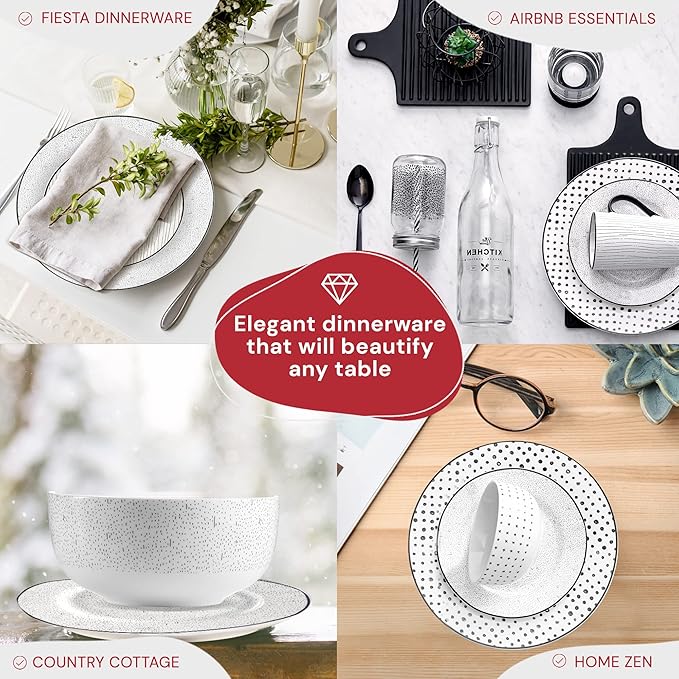 Safdie &amp Co. 12-Piece Black &amp White Sketch Dinnerware Set Porcelain Includes Plates Bowls and Serving Dishes Dishwasher Safe