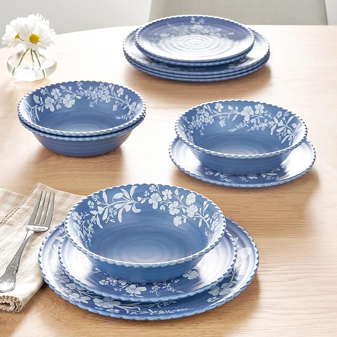 12-Piece Daisy Bamboo Melamine Dinnerware Set - Shatterproof Plates &amp Bowls Lightweight for Indoor Outdoor Dishwasher Safe Service for 4 Ocean Blue Floral Design