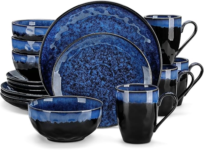 vancasso Starry 16 Pieces Dinnerware Set for 4 Reactive Glaze Blue Stoneware Plates and Bowls Set Dishes Set with Mugs for 4 Microwave &amp Dishwasher Safe