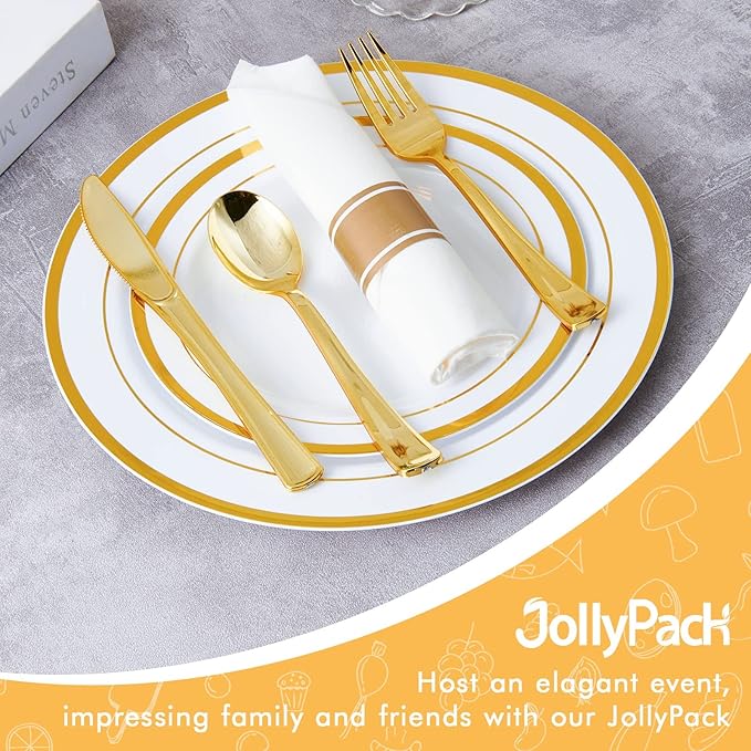 JollyPack 100 Piece Disposable Gold Plastic Party Plates Including 50 10 Inch Dinner Plates and 50 7 Inch for Dessert Great for Parties Weddings Home Use and Thanksgiving