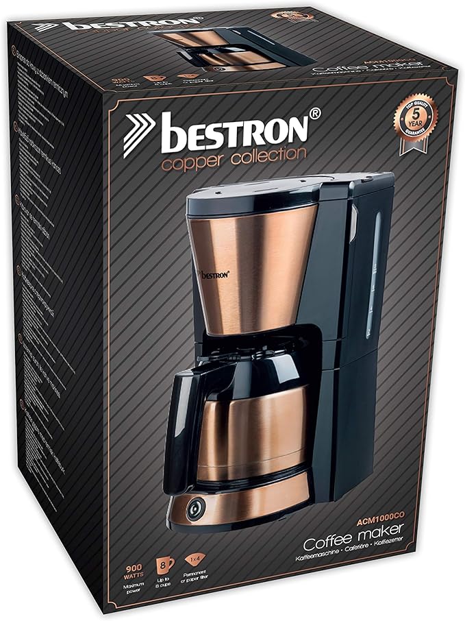 Bestron Coffee Maker with 8 Cups 900 W Stainless Steel Copper Effect