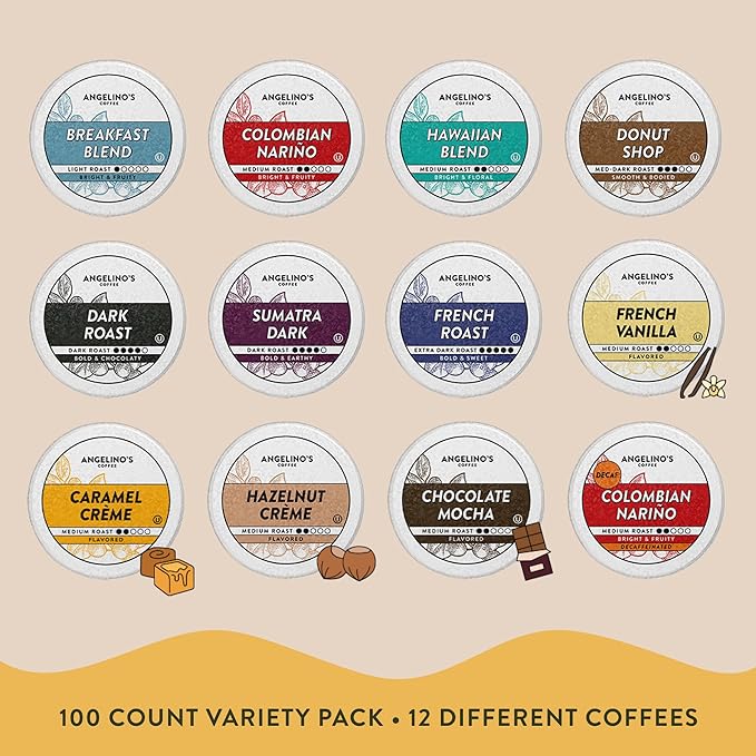Angelino's Coffee Variety Pack 100 ct with 12 different Coffee Pods for Keurig K-cup Coffee Maker
