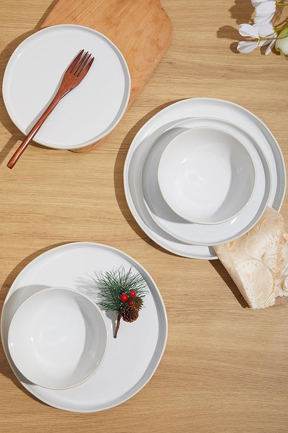 18-Piece Fog White Ceramic Plates and Bowls SetMinimalist Dinnerware Sets for 6 – Artful Dish Set for Serene Dining &amp Everyday Aesthetic