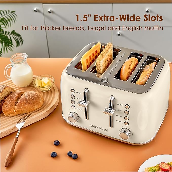 Roter Mond Toaster 4 Slice Retro Stainless Steel with Extra Wide Slots Bagel Defrost Reheat Function Dual Independent Control Panel Removable Crumb Tray 6 Browning Levels Cream White